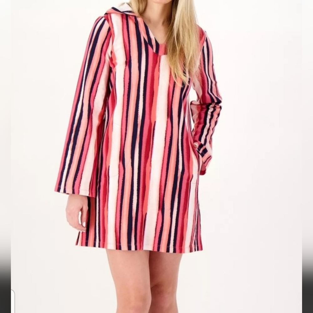 Denim & Co Beach Striped Heeded Tunic Cover-Up NWOT Large